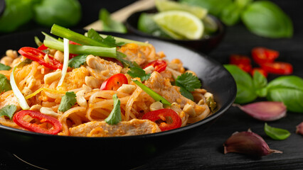 Chicken Pad Thai with eggs, bean sprouts, peanuts and spring onion
