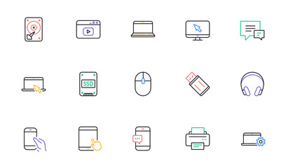 Device line icons. Laptop, SSD and Headphones. Printer linear icon set. Bicolor outline web elements. Vector