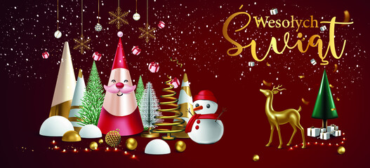 kartka lub baner z życzeniami Wesołych Świąt w złocie na gradientowym bordowym tle z cekinami i po każdej stronie Święty Mikołaj, bałwan, renifery i prezenty