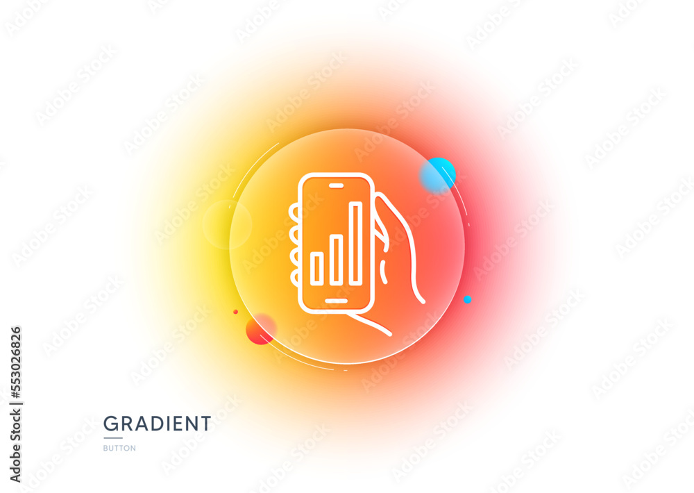 Poster analysis app line icon. gradient blur button with glassmorphism. hand hold phone sign. cellphone wit