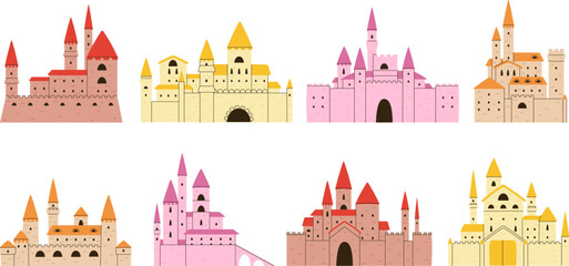 Cartoon castles exterior set. Doodle palace medieval, isolated flat castle towers and bastions. Princess fairy tale buildings, decent vector ancient fort - obrazy, fototapety, plakaty