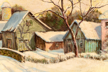 Detail of a vintage oil painting on canvas depicting a village landscape in winter. Christmas card illustration.
