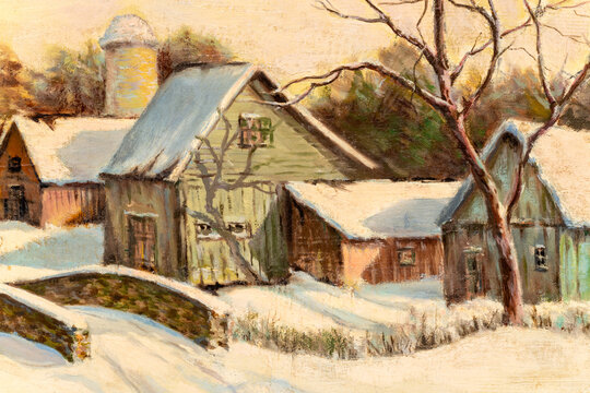 Detail of a vintage oil painting on canvas depicting a village landscape in winter. Christmas card illustration.