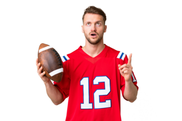 Young caucasian man playing rugby over isolated chroma key background thinking an idea pointing the finger up