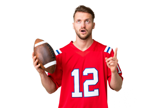 Young caucasian man playing rugby over isolated chroma key background thinking an idea pointing the finger up