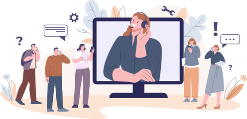 Customer people support concept. Phone consultant, global helpline or virtual assistant. Woman in headphones on computer screen. Kicky call center vector scene