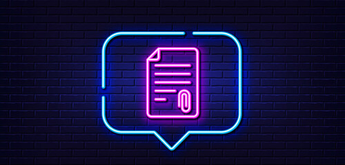 Neon light speech bubble. CV attachment line icon. Document file symbol. Neon light background. Attachment glow line. Brick wall banner. Vector