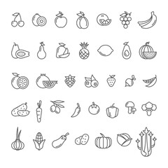 Fruits and vegetables linear icon set,logo,emblem,sign collection.Corn,watermelon,apricot,lemon,mango,strawberry,berry,potato.Vegetarian,health,natural,organic food