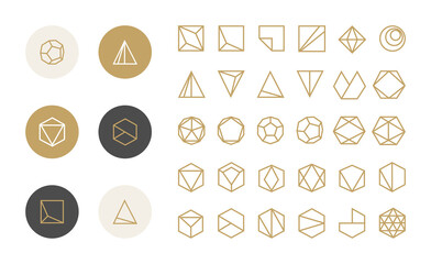 Collection of geometry 30 icons and 6 stylish golden Logo.Linear design elements.Hexagons,Triangles,Squares,Circles.Trendy minimal icon,logo, logotypes,label,monogram.Vector illustration.Isolated on w