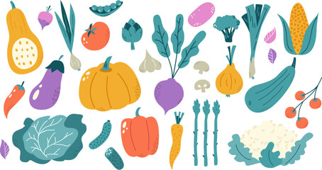Hand drawn isolated vegetables. Flat vegetable, fresh organic meal ingredients. Market food, cartoon vegetarian raw. Snugly color vector clipart