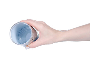 Empty tin can in hand on white background isolation