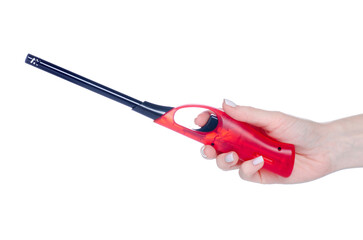 Electric stove lighter in hand on white background isolation