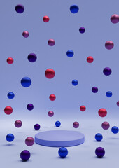 Light, pastel blue 3D illustration minimal product display Christmas themed with colorful decoration Christmas balls colorful metallic marbles falling photography wallpaper with one podium or stand