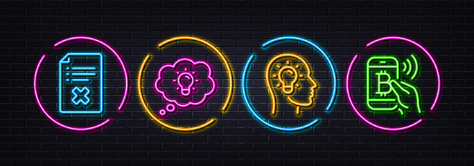 Idea head, Reject file and Energy minimal line icons. Neon laser 3d lights. Bitcoin pay icons. For web, application, printing. Lightbulb, Decline agreement, Mobile payment. Neon lights buttons. Vector