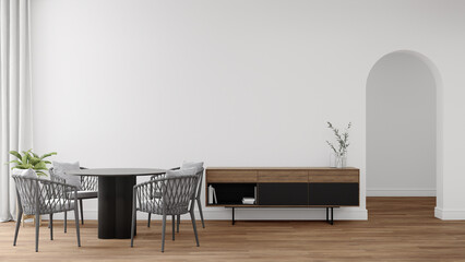 Empty white arch wall with dining table and chairs. 3d rendering of interior living room.