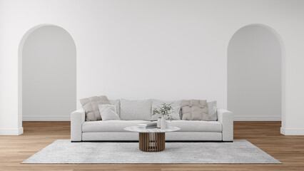 Empty white arch wall with sofa and carpet on wooden floor. 3d rendering of interior living room.