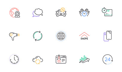 Fototapeta premium Swipe up, Cardboard box and Full rotation line icons for website, printing. Collection of Chat message, Start business, Video conference icons. Safe time, Cloud sync, Growth chart web elements. Vector