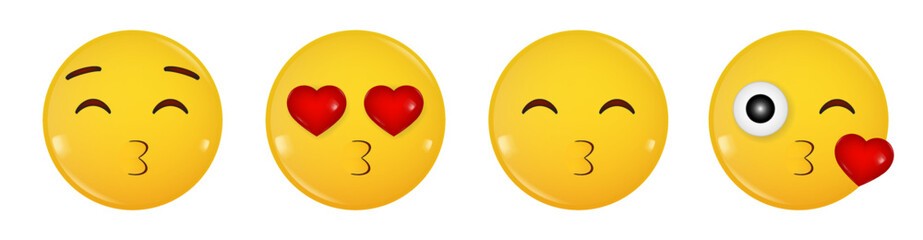 Set of  smiling Faces With Hearts. Love Emoji. Yellow glossy 3d emotion. Heart-shaped eyes. In love smile. Red hearts. Air kiss. Lips