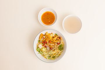 Com hen, Vietnamese rice dish with baby basket clams rice, Vietnamese food isolated on white background, top view