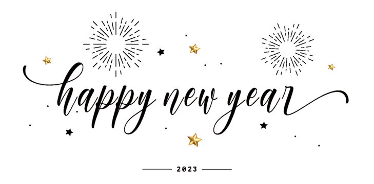 Happy New Year 2023 script text hand lettering. Design template Celebration typography poster, banner or greeting card for Merry Christmas and happy new year. Vector Illustration