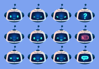 Cartoon robot emotions. Funny android faces with different expressions, cute cyborg smiles, little humanoid characters, artificial intelligence communication tidy vector cartoon flat set