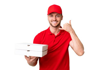 Pizza delivery man with work uniform picking up pizza boxes over isolated chroma key background making phone gesture. Call me back sign