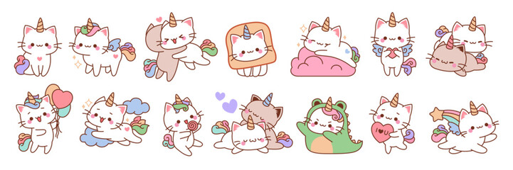 Cute unicorn cats. Funny color fairy animals with rainbow tails, baby adorable kittens sleeping, playing and cuddling, kawaii pets, cartoon stickers collection, tidy vector set
