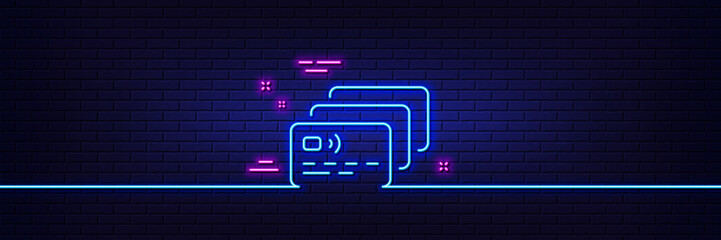 Neon light glow effect. Credit card line icon. Bank money payment sign. Non-cash pay symbol. 3d line neon glow icon. Brick wall banner. Card outline. Vector