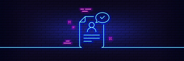 Neon light glow effect. Resume document line icon. Contract application sign. Agreement file symbol. 3d line neon glow icon. Brick wall banner. Resume document outline. Vector © blankstock