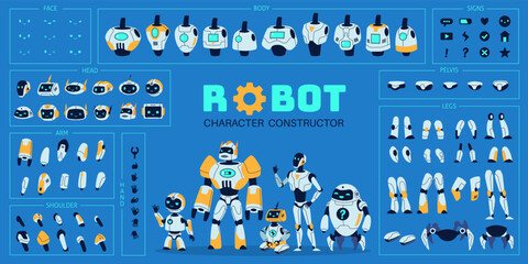 Robot elements kit. Cute cyborg character and different replacement parts, heads, torsos, arms and legs, robot constructor, futuristic android body elements tidy vector cartoon flat set - obrazy, fototapety, plakaty