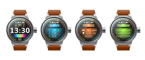 Smart watch screens. Fitness wristband different functions, digital electronic devices, modern sport timers interfaces, multifunctional gadget with time, steps and pulse utter vector set
