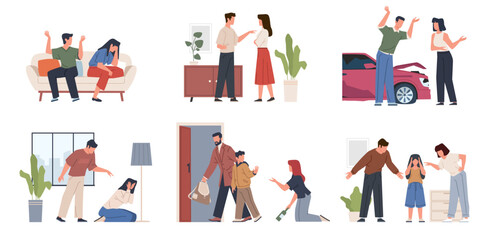 Unhappy family. Abused people, quarreling parents, angry pairs, stressed children, couples scandal, relationship crisis, domestic abuse, unhappy marriage nowaday vector cartoon flat set