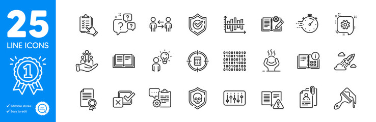 Outline icons set. Interview documents, Reward and Confirmed icons. Question bubbles, Teamwork business, Cyber attack web elements. Clipboard, Instruction info, Education signs. Brush. Vector