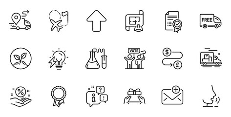 Outline set of Electricity bulb, Loan percent and Destination flag line icons for web application. Talk, information, delivery truck outline icon. Vector