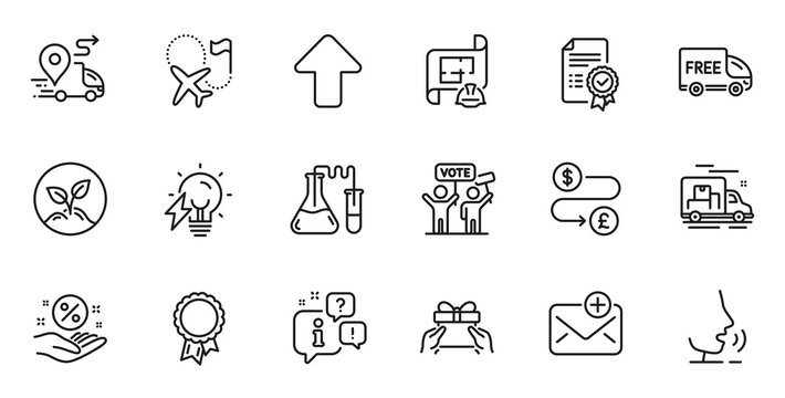 Outline set of Electricity bulb, Loan percent and Destination flag line icons for web application. Talk, information, delivery truck outline icon. Vector