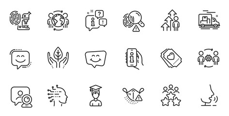 Outline set of Smile chat, Medical mask and Engineering team line icons for web application. Talk, information, delivery truck outline icon. Vector