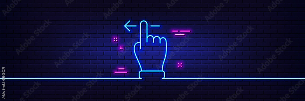 Poster neon light glow effect. touchscreen gesture line icon. slide left arrow sign. swipe action symbol. 3