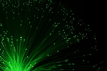 Fototapeta na wymiar Bundle of optical fiber, transmitting green light