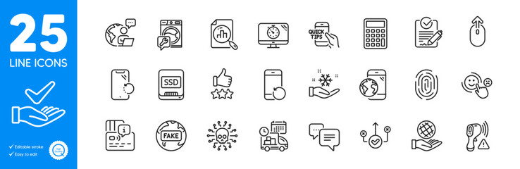 Outline icons set. Dermatologically tested, Fake news and Fingerprint icons. Education, Ssd, Calculator web elements. Rfp, Safe planet, Mobile internet signs. Outsource work, Correct way. Vector