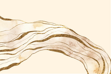 Beige, brown watercolor abstract texture with golden lines, waves. Marble, stone imitation. 