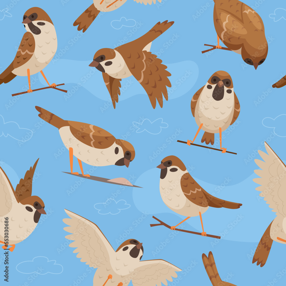 Poster sparrows pattern. textile design project with flying chrisp moving birds exact vector seamless templ