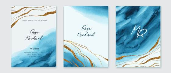 Set of verical backgrounds with blue, turquoise watercolor texture. Water, ink texture imitation. Golden lines, waves. Festive design for card, invitation, brochure, voucher.