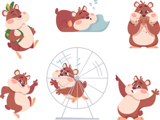 Hamster characters. Funny domestic fluffy animals in action poses home swanky pets exact vector cartoon hamsters