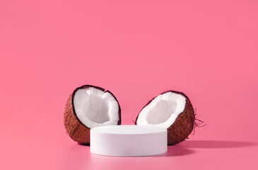 Cosmetic product design. White circle mockup podium and coconuts for beauty product presentation....