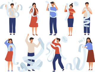 Bills for people. Unhappy male and female characters payment tax calculated self finance changing bills recent vector cartoon template