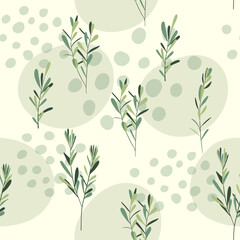 Floral semless pattern. Hand drawn plants. Green plant branches with leaves. Plants simple background. Soft colors.