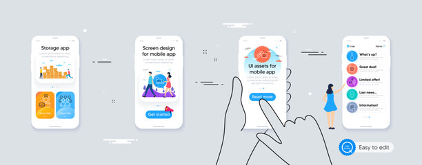 Face detection, Delivery and Group line icons for website, printing. Phone ui interface. Collection of Manual, Timer, Loyalty gift icons. Outsource work, Nurse, Champagne bottle web elements. Vector