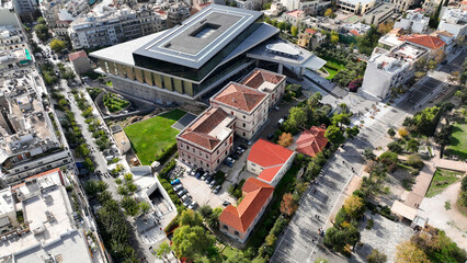 Aerial photo taken by drone of new modern Acropolis museum, Athens, Attica, Greece