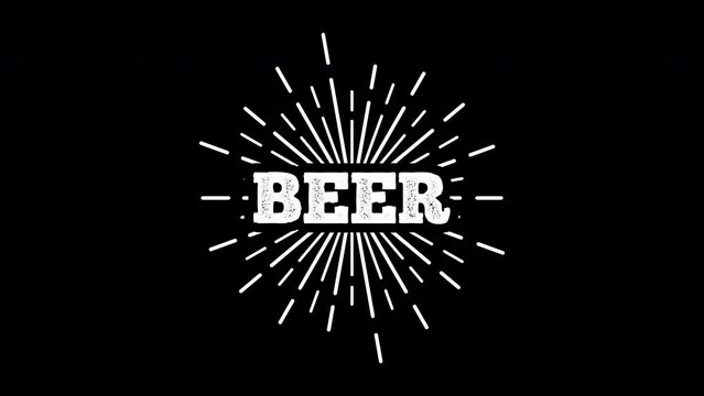 beer sunburst design animation.vintage style with linear drawing light rays.white text on black background.luma matte.