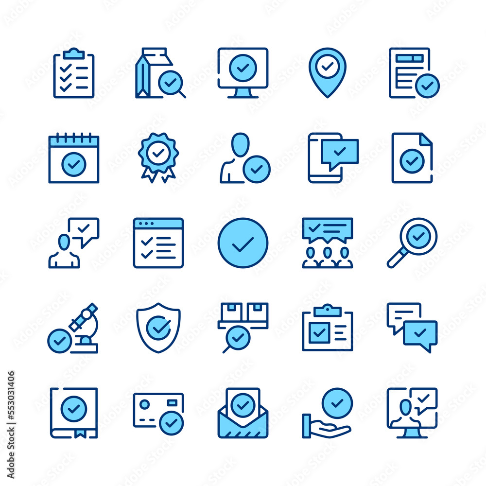 Poster check mark line icons. blue color. vector line icons set